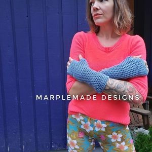 Handmade Fingerless gloves 💜 MarpleMade Designs, fitted, soft acrylic,  denim